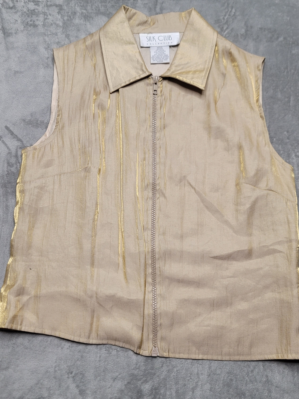 VTG Silk Club Collection Gold Crinkle Vest Women Medium Silk Blend Full Zip...